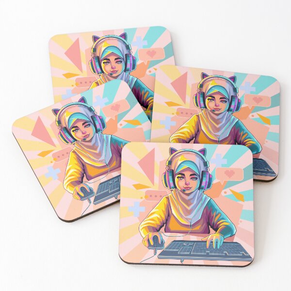 Item preview, Muslim girl gamer or streamer with cat ears headset sits in front of a computer designed and sold by Ekaterina Glazkova.