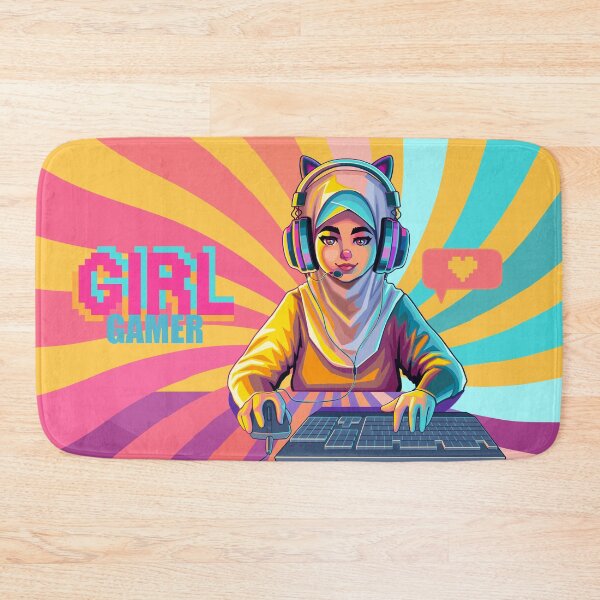 Item preview, Muslim girl gamer or streamer with cat ears headset sits in front of a computer designed and sold by Ekaterina Glazkova.