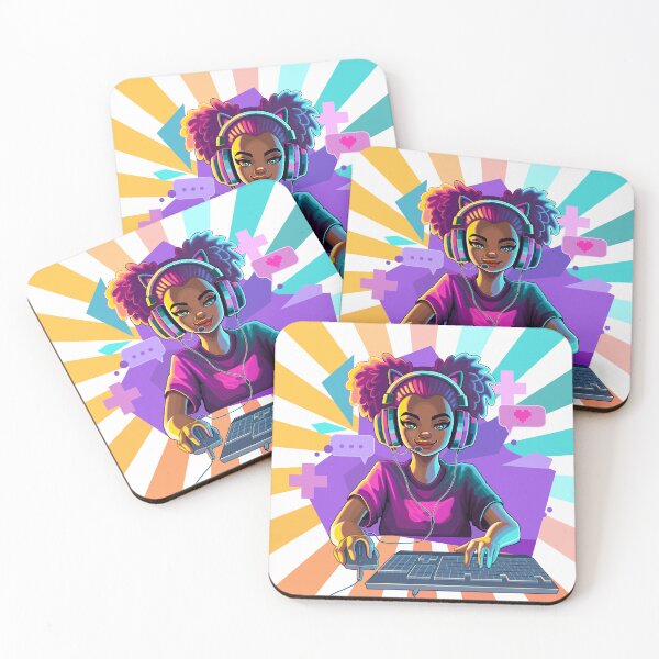 Item preview, African girl gamer or streamer with cat ears headset  designed and sold by Ekaterina Glazkova.