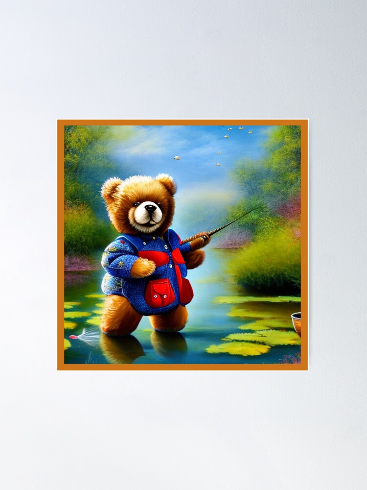 Gone Fishing Teddy Bear In Vest with Pole Poster for Sale by
