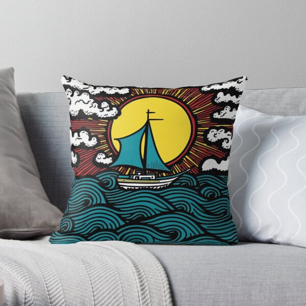 Boat sailing on teal ocean, clouds in sky Throw Pillow