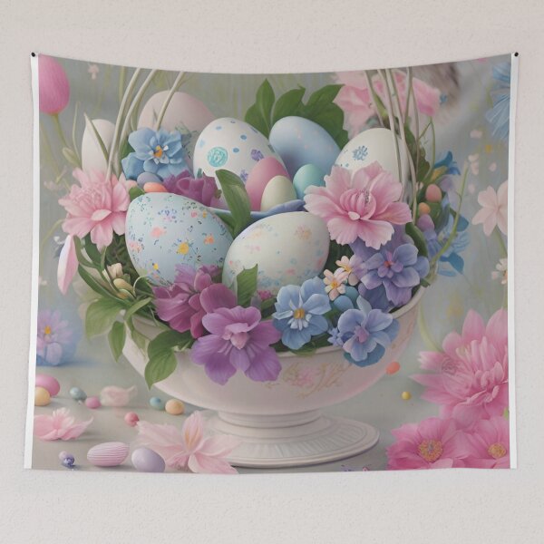 Item preview, Colorful Festive Easter Eggs Easter Bunny Spring Flowers Sunrise Version 45 designed and sold by DreamingAwake1.
