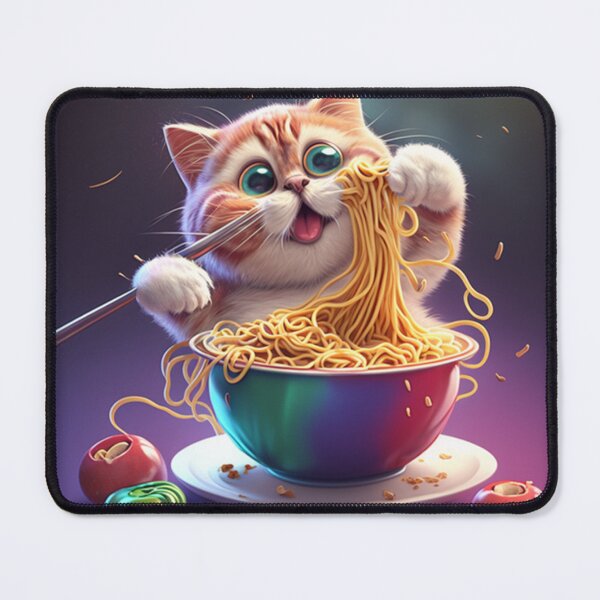 Artikelvorschau, Karikatur-Katze, die bunte Spaghetti auf purpurrotem Hintergrund isst entworfen und verkauft von toticavalcanti.