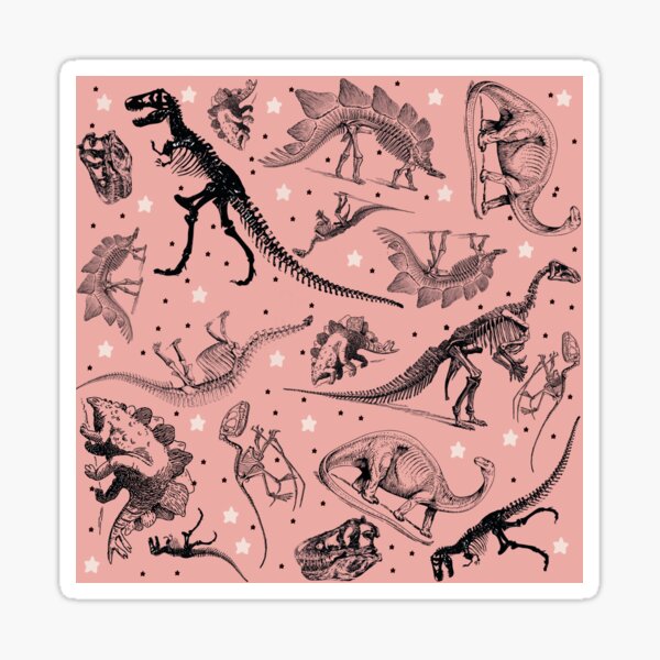 Dino Star Toile | Vintage Museum Dinosaur Sketches and Skeletons PEACHY PINK Sticker