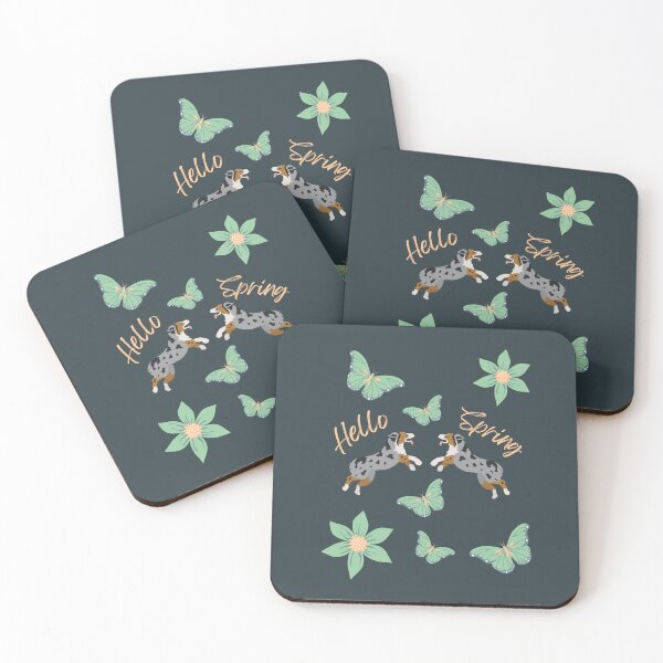 Item preview, Hello Spring with Blue Merle Australian Shepherd Dog, Flowers and Butterflies designed and sold by SeasonalDogs.