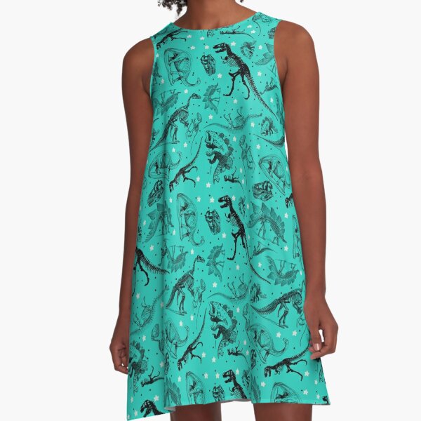 Dino Star Toile | Vintage Museum Dinosaur Sketches and Skeletons TEAL GREEN A-Line Dress