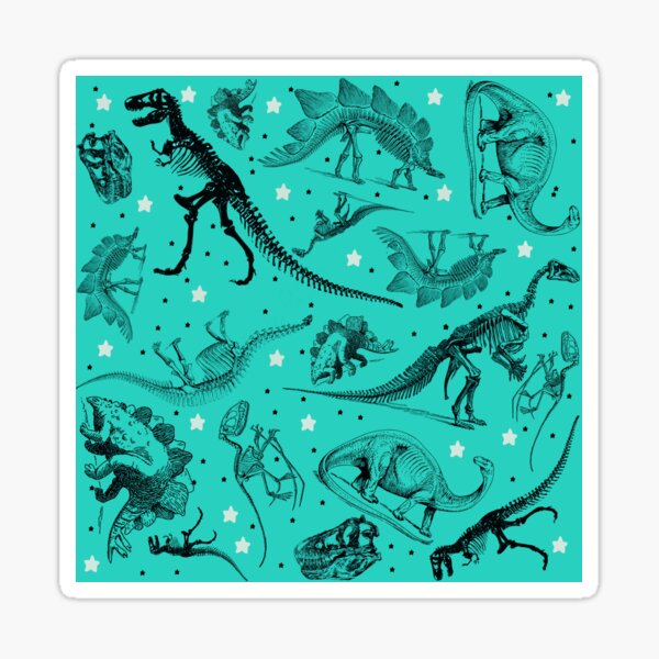 Dino Star Toile | Vintage Museum Dinosaur Sketches and Skeletons TEAL GREEN Sticker