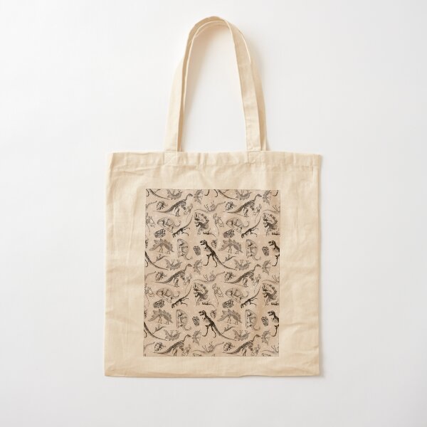 Dino Star Toile | Vintage Museum Dinosaur Sketches and Skeletons CREAM TAN Cotton Tote Bag