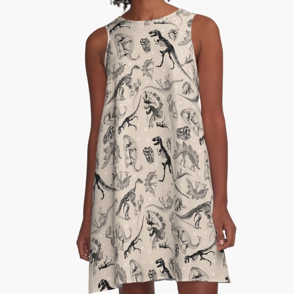 Dino Star Toile | Vintage Museum Dinosaur Sketches and Skeletons CREAM TAN A-Line Dress