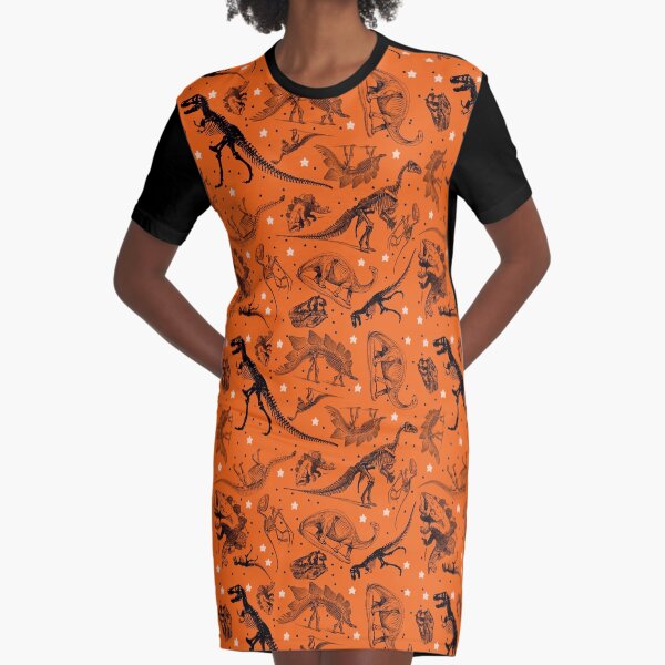 Dino Star Toile | Vintage Museum Dinosaur Sketches and Skeletons ORANGE Graphic T-Shirt Dress