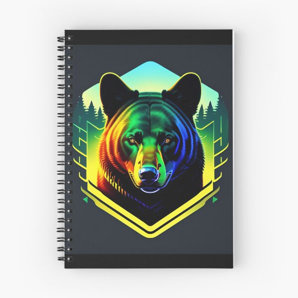 Item preview, logo of cyberpunk futuristic adventurer with mountain and evergreen forest inside wild black bear head shape dark background designed and sold by ayoubclashirt.