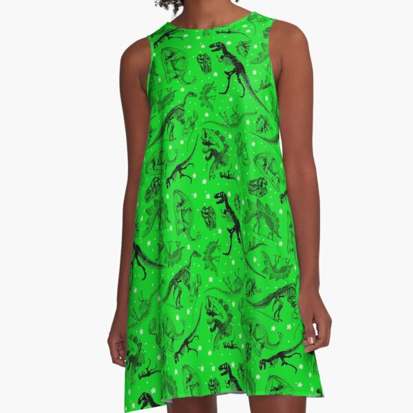 Dino Star Toile | Vintage Museum Dinosaur Sketches and Skeletons LIME GREEN A-Line Dress