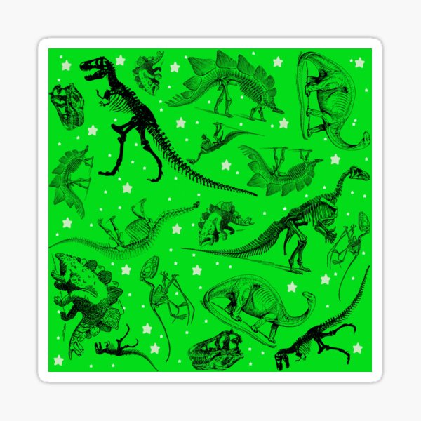 Dino Star Toile | Vintage Museum Dinosaur Sketches and Skeletons LIME GREEN Sticker