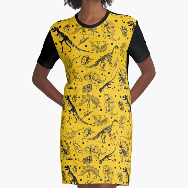 Dino Star Toile | Vintage Museum Dinosaur Sketches and Skeletons YELLOW Graphic T-Shirt Dress