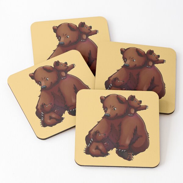 Item preview, grizzly bear playing with his 2 cubs in the forest in brown tones, digital illustration designed and sold by kitsuneins.