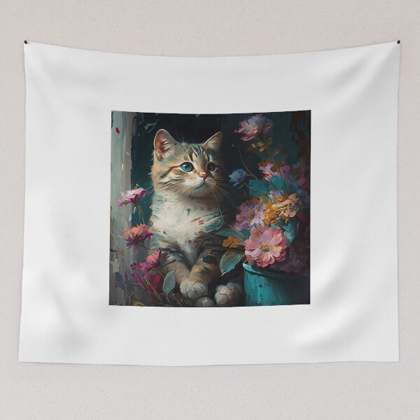 Item preview, CAT AND FLOWERS oil painting designed and sold by Lobory.