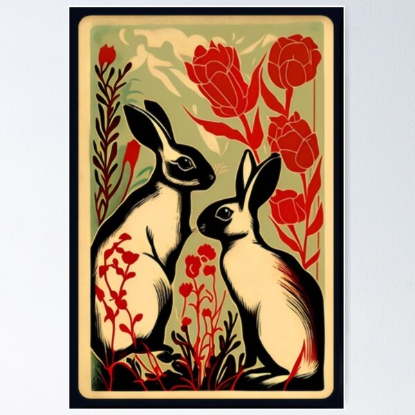 Item preview, Two Eastern Rabbits with Red Flowers designed and sold by Artlizzard.