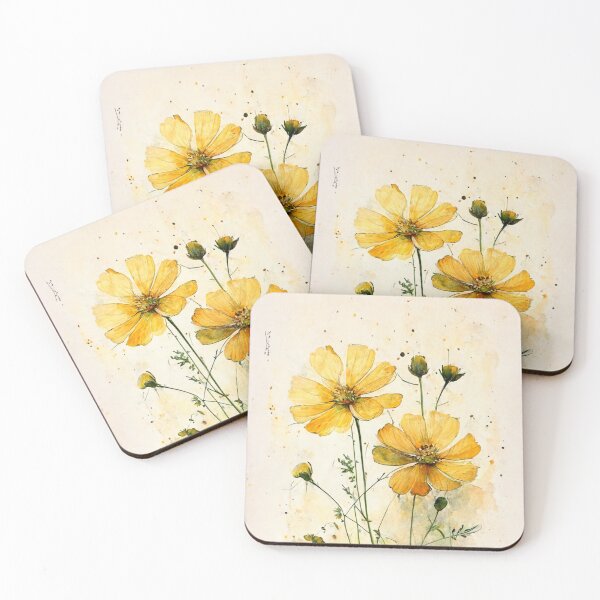 Item preview, Yellow Cosmos Flowers Watercolor Painting designed and sold by CosyDesign.