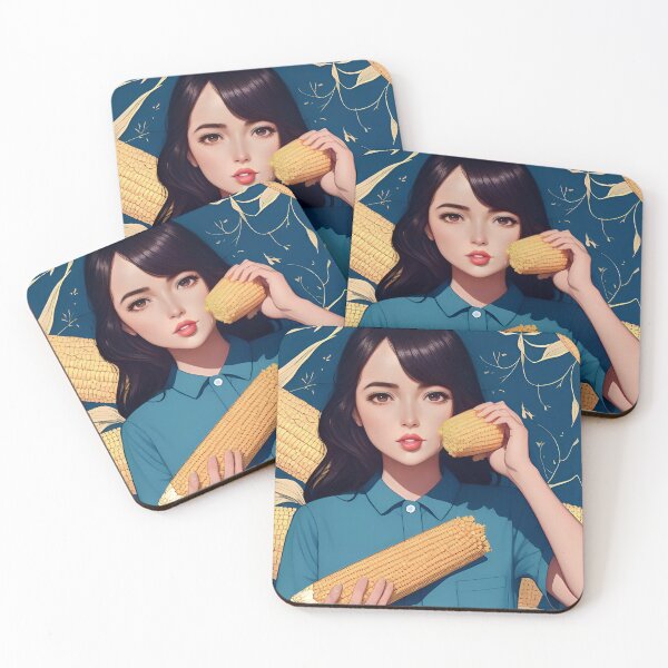 Item preview, black hair girl yellow corn blue background anime animation art aesthetic drawing illustration sticker notebook phone case greeting card personalized designed and sold by FRH Design ⭐⭐⭐⭐⭐.