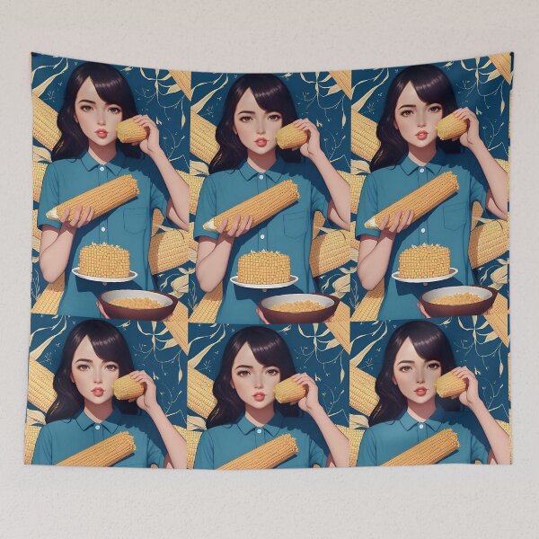 Item preview, black hair girl yellow corn blue background anime animation art aesthetic drawing illustration sticker notebook phone case greeting card personalized designed and sold by FRH Design ⭐⭐⭐⭐⭐.