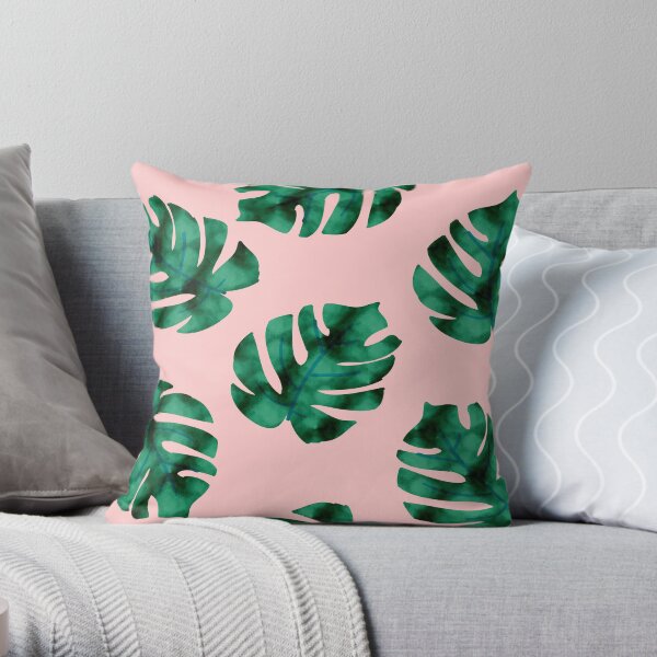 Tropical fern leaves on peach Throw Pillow