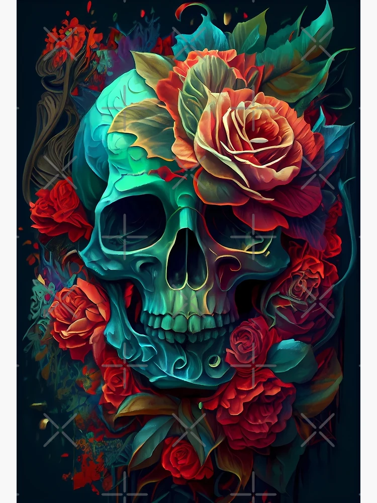Blooming Bones - Blue Skull with Flowers 