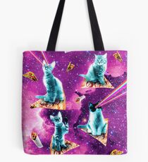 Weltraum-Katzen mit den Regenbogen-Laser-Augen, die auf Pizza reiten Tote Bag
