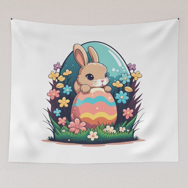 Item preview, Easter magic: cheerful bunny next to colorful eggs designed and sold by Melcu.