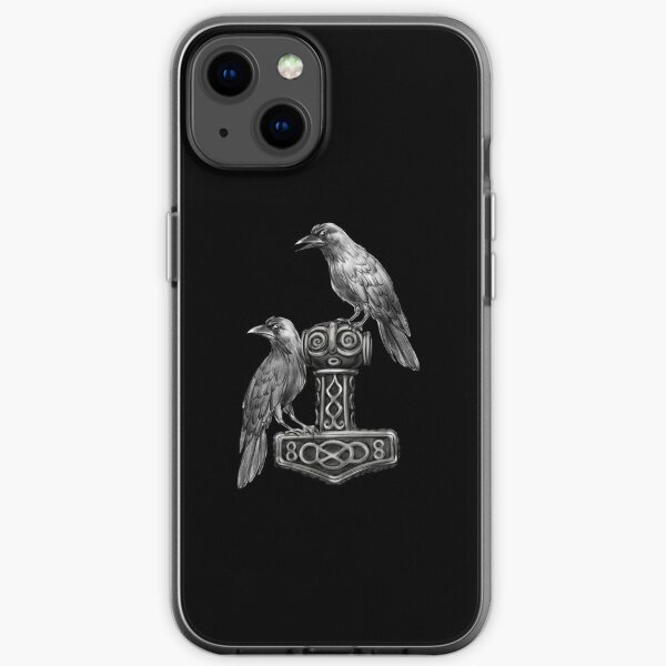 Thor Hammer Mjölnir with Odin Ravens Hugin and Munin iPhone Soft Case