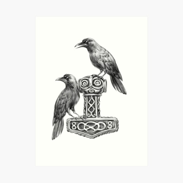 Thor Hammer Mjölnir with Odin Ravens Hugin and Munin Art Print