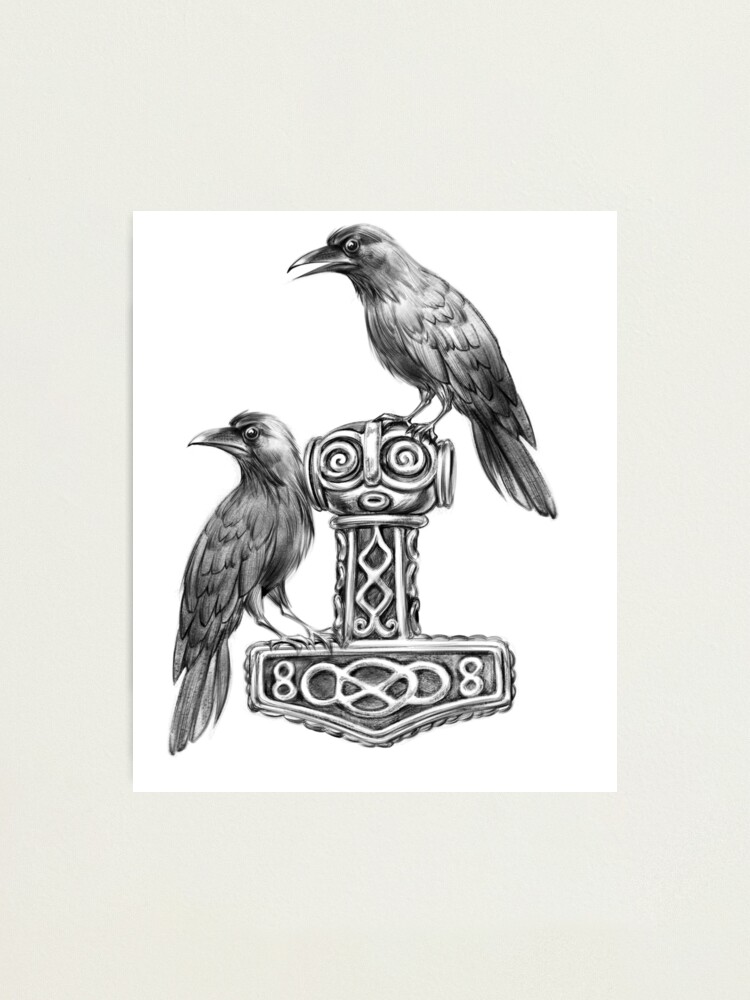 sekstant Præsident Marquee Thor Hammer Mjölnir with Odin Ravens Hugin and Munin" Photographic  Printundefined by NoriTEEs | Redbubble