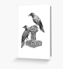 Thor Hammer Mjölnir mit Odin Raben Hugin und Munin Grußkarte