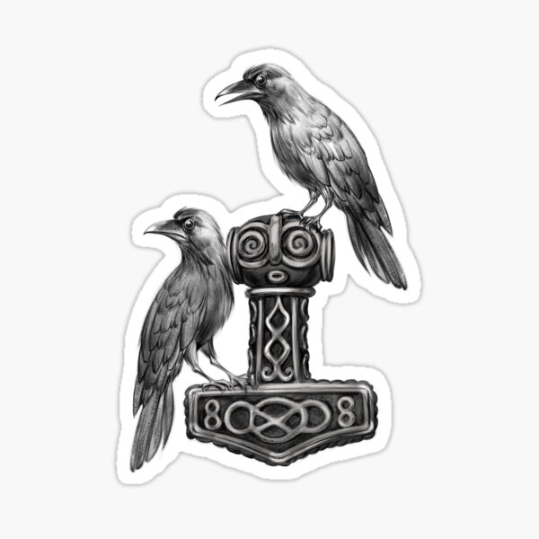 Aperçu de l'œuvre Thor Marteau Mjolnir avec Odin et Munin corbeaux Hugin créée et vendue par NoriTEEs.