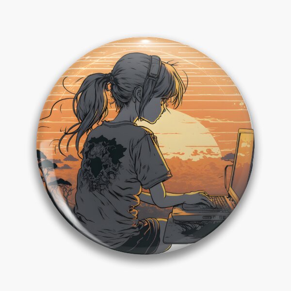 Artikelvorschau, Anime-Mädchen, das Computer vor einem Sonnenuntergang spielt entworfen und verkauft von thadieWorks.