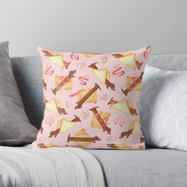 Sausage Dogs in Bread - NEW - Pink Throw Pillow