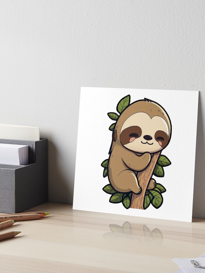 Cute Adorable Kawaii Happy Chibi Sloth with Coffee Cartoon