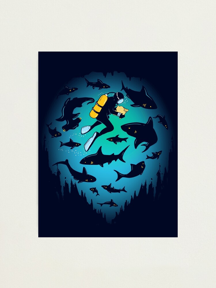 Thumbnail 1 of 3, Photographic Print, Screwed | Funny Shark and Diver Illustration designed and sold by BootsBoots.