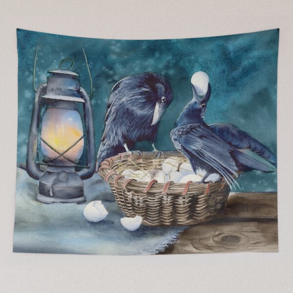 Item preview, Watercolor two black ravens with the basket of eggs designed and sold by MaryWatercolor.