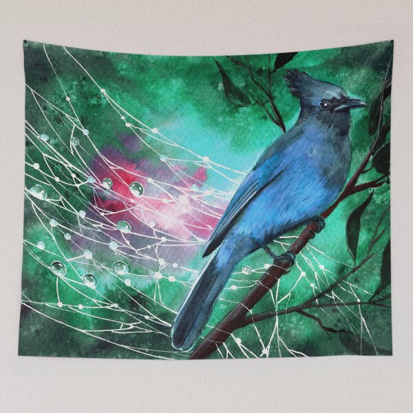 Item preview, Watercolor blue jay on a tree branch on the emerald background designed and sold by MaryWatercolor.