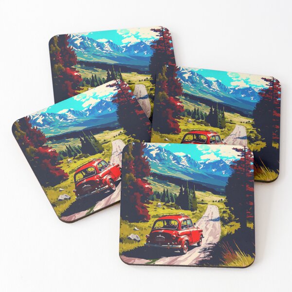 Item preview, Vintage Red Car Driving Towards Mountains designed and sold by Scraponzo.
