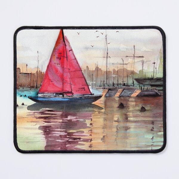 Item preview, Watercolor illustration of a sailboat in a marina designed and sold by MaryWatercolor.