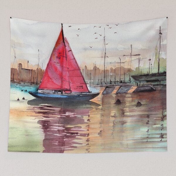 Item preview, Watercolor illustration of a sailboat in a marina designed and sold by MaryWatercolor.