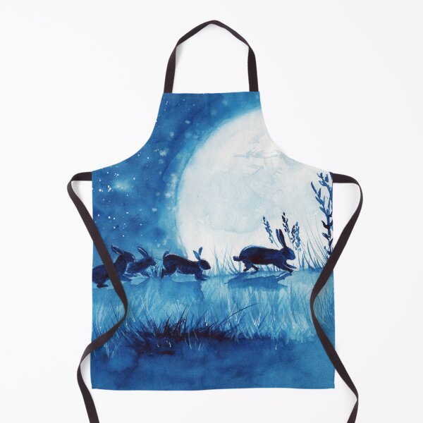 Item preview, Rabbits running across the field with shining blue moon designed and sold by MaryWatercolor.