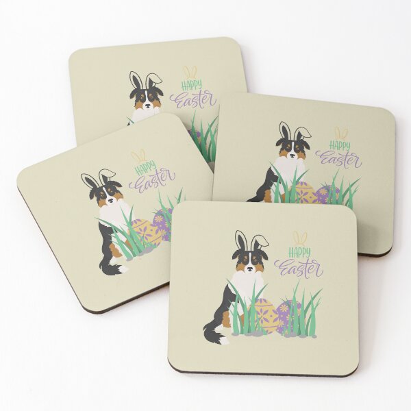 Item preview, Tricolor Australian Shepherd Dog with Bunny Ears and Happy Easter with Egg designed and sold by SeasonalDogs.