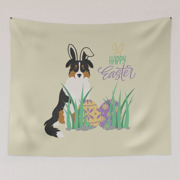Item preview, Tricolor Australian Shepherd Dog with Bunny Ears and Happy Easter with Egg designed and sold by SeasonalDogs.