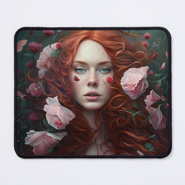 Item preview, beautiful red hair woman with pink roses all over her portrait designed and sold by Ladidia.