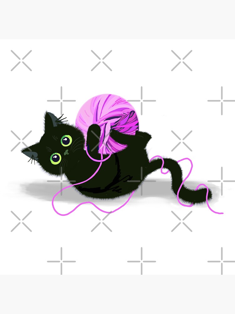 Cute black cat playing with a ball of pink wool