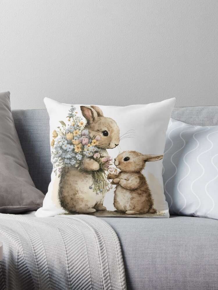 Love in Bloom Watercolour Illustration of a Baby Bunny Rabbit Giving Flowers to Mama Pillow for Sale by TheLovelyWild Redbubble