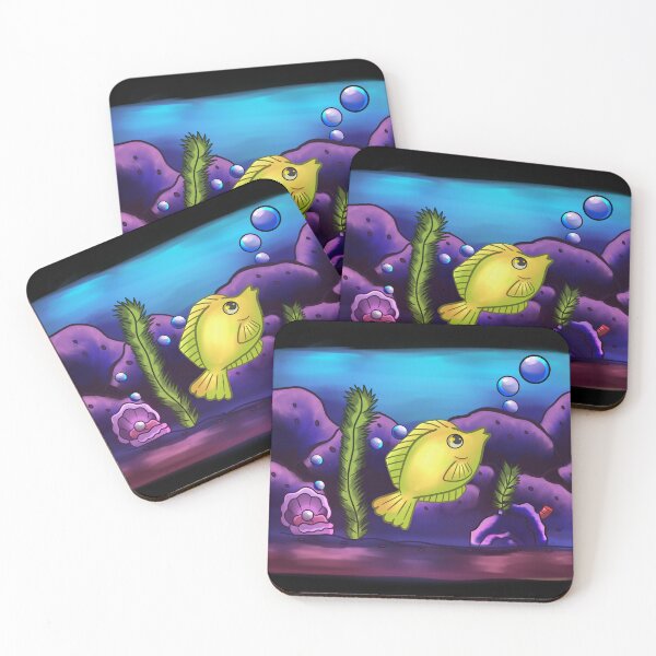 Item preview, yellow Surgeon fish underwater with a sea clam blowing bubbles, in shades of purple, green, blue and yellow. designed and sold by kitsuneins.