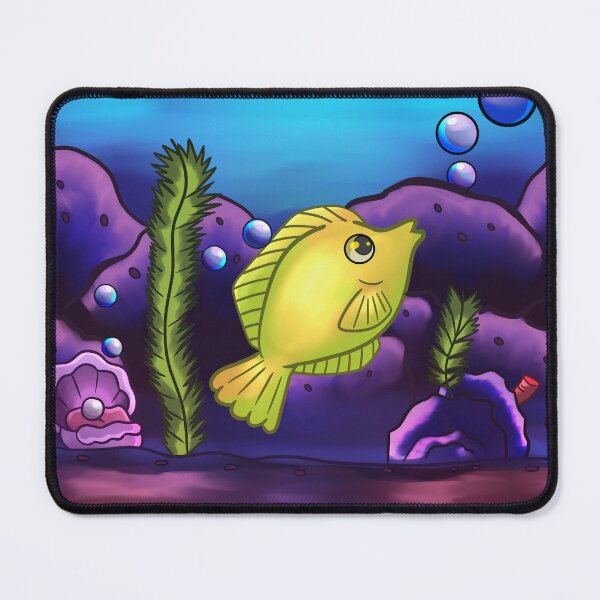 Item preview, yellow Surgeon fish underwater with a sea clam blowing bubbles, in shades of purple, green, blue and yellow. designed and sold by kitsuneins.